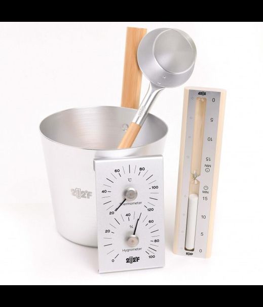 Набор для бани OXY-M-4 STEEL Ушат 5л + черпак 0,2л ручки бамбук + песочные часы + термогигрометр