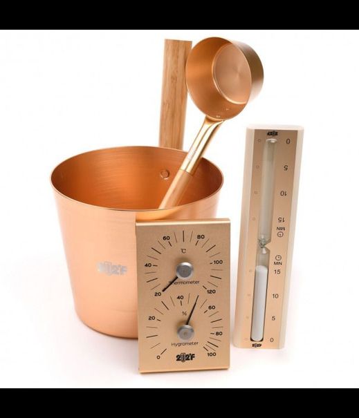 Набор для бани OXY-M-4 GOLD Ушат 5л + черпак 0,2л ручки бамбук + песочные часы + термогигрометр