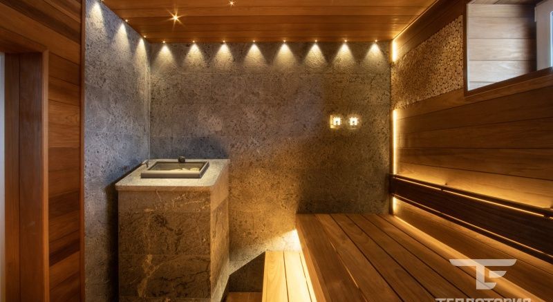 Отделка бани. Термоосина, можжевельник,  талькомагнезит.