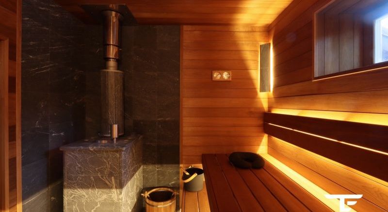 Лаконичная и стильная баня. Дровяная печь в облицовке.